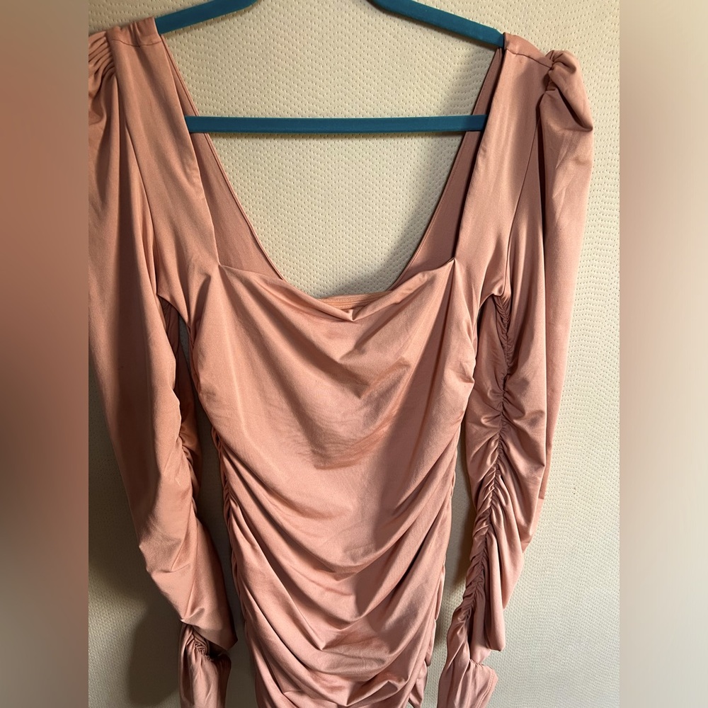 Oh Polly Beige Ruched Long Sleeve Bodycon dress size US 10